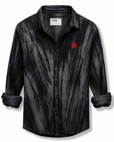 Men's Black Washed Denim Shirt with Red Star Design - image 1