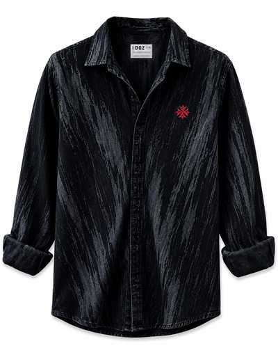 Men's Black Acid Wash Denim Shirt with Red Star Badge