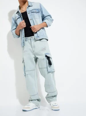 Skyline Cargo – Light Blue Distressed Denim Pants - image 1