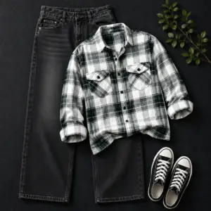 Forest Plaid Flannel Shirt & Charcoal Denim Bundle - Premium Quality Combo