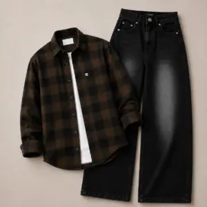 Brown Plaid Overshirt & Black Distressed Wide-Leg Denim Set - Premium Casual Combo - image 1