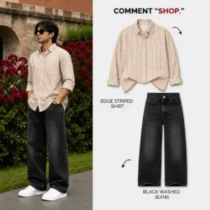 Beige Striped Oxford with Black Distressed Relaxed Denim Set - image 1