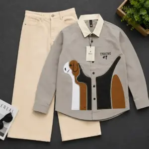 Contemporary Dog Print Casual Shirt & Cream Comfort Trousers Set - image 1