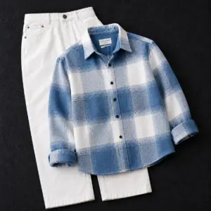 Classic Blue Check Shirt & White Denim Combo - Versatile Everyday Wear