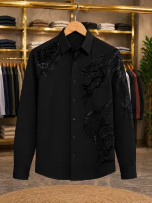 Elegant Men's Black Textured Full-Sleeve Designer Shirt – Contemporary Professional Style