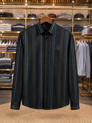 Men's Navy & Black Vertical Striped Shirt – Full Length Smart-Casual Wear