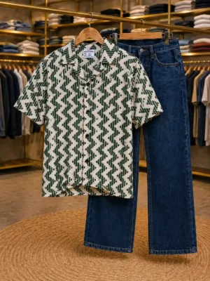 Men's Half Sleeve Casual Shirt in Green & White Zig-Zag Design - image 1