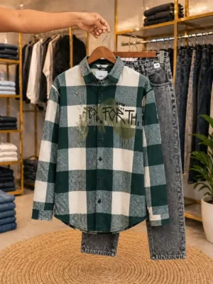 Men's Green & White Plaid Casual Shirt – Versatile Everyday Essential with Grey Denim Styling