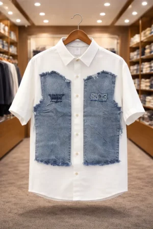 Men's White Shirt with Denim Patchwork Detail – Modern Everyday Wardrobe Essential