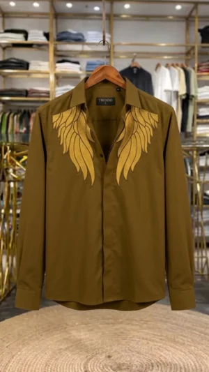 Men's Olive Green Shirt with Golden Embroidery – Premium Designer Wear for Every Occasion