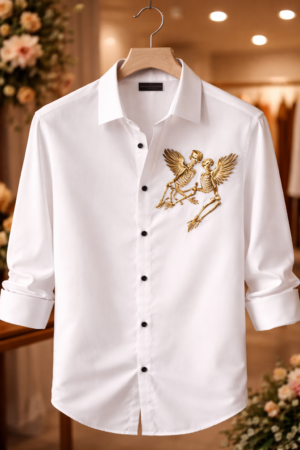 Men's White Shirt with Gold Skeleton Embroidery – Premium Casual Wear