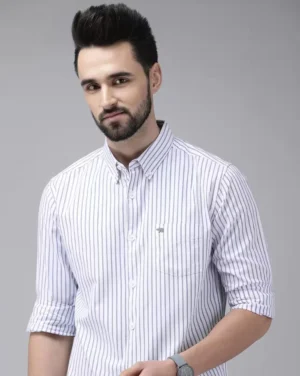 Classic Navy & White Pinstriped Oxford Shirt for Men — Professional & Casual Versatility - image 1
