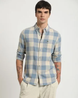 Blue & Beige Check Cotton Shirt – Elevated Casual Style with Polished Professional Touch - image 1