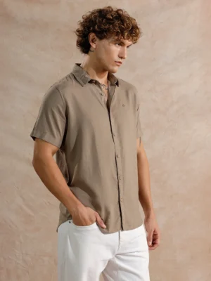 Taupe Brown Men's Short Sleeve Casual Button-Up Shirt - image 1