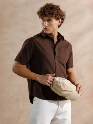 Men's Coffee Brown Solid Casual Short Sleeve Shirt - image 1