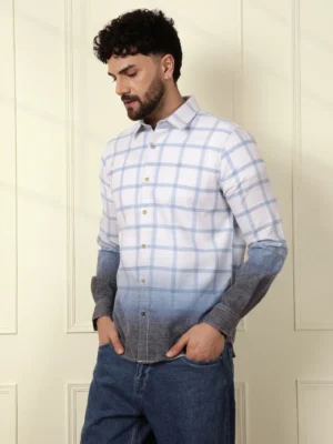 Men's Navy-to-Grey Ombre Check Shirt - Premium Cotton Blend Casual Wear