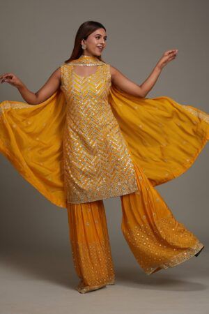 Golden Yellow Semi Crepe Sharara with Intricate Gotapatti Embellishment - image 1