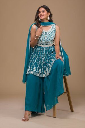 Aquamarine Hand-Embroidered Georgette Sharara Suit - Ready-to-Wear - image 1