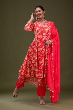 Red Printed Semi Crepe Readymade Salwar Suit - image 1