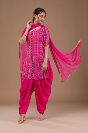 Magenta Zariwork Bandhini Pre-Stitched Salwar Suit