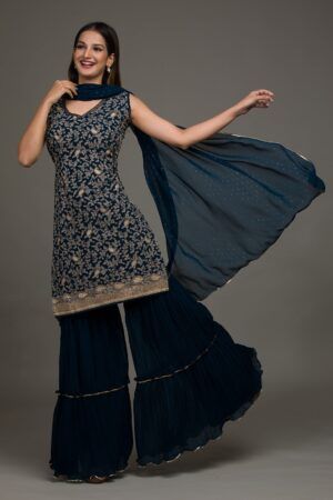 Peacock Blue Embroidered Georgette Salwar Suit - Traditional Indian Ethnic Wear - image 1