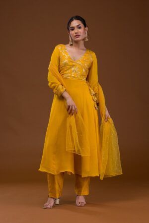 Golden Sequin Embellished Georgette Pre-Stitched Salwar Suit