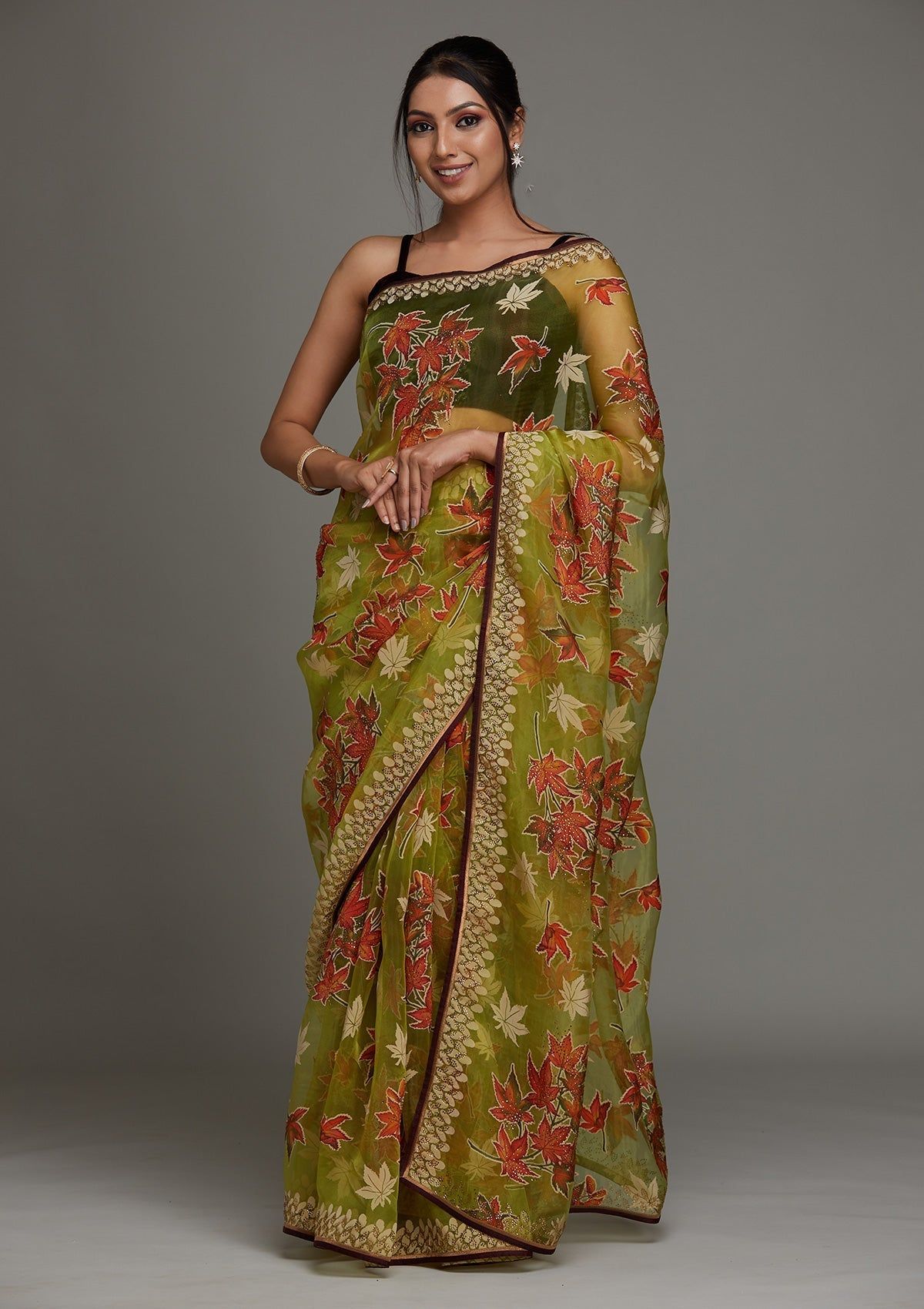 Vibrant Parrot Green Organza Saree with Printed Details