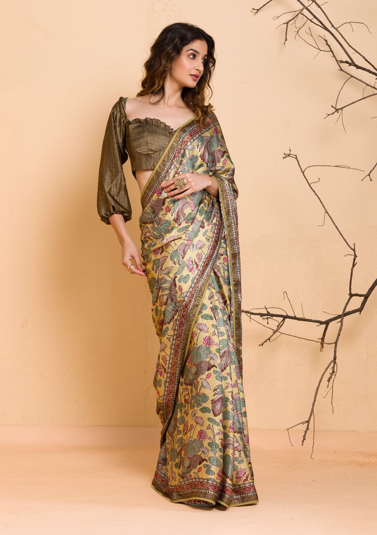 Lemon Yellow Floral Printed Semi Crepe Designer Saree - image 1