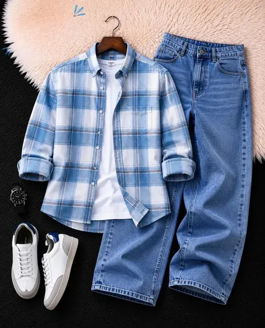 Men's Sky Blue Checked Shirt & Light Blue Wide-Leg Denim Jeans Set