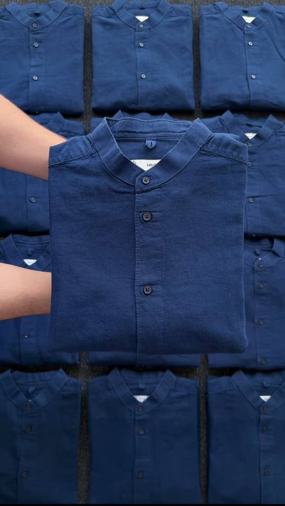 Men's Navy Mandarin Collar Cotton Linen Casual Shirt – Full Sleeve Regular Fit