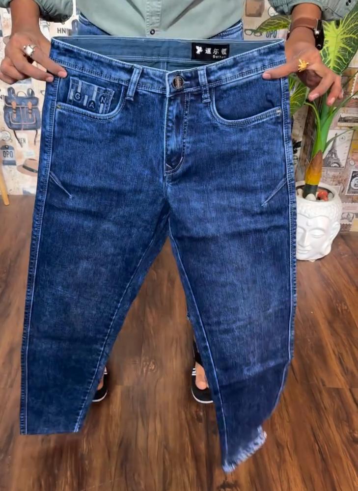Men’s Dark Blue Stretchable Jeans – Slim Fit Washed Denim with Zip Pocket Detail