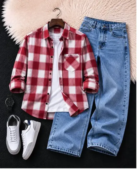 Men's Red & White Checked Shirt with Light Blue Wide-Leg Denim Jeans Combo - image 2