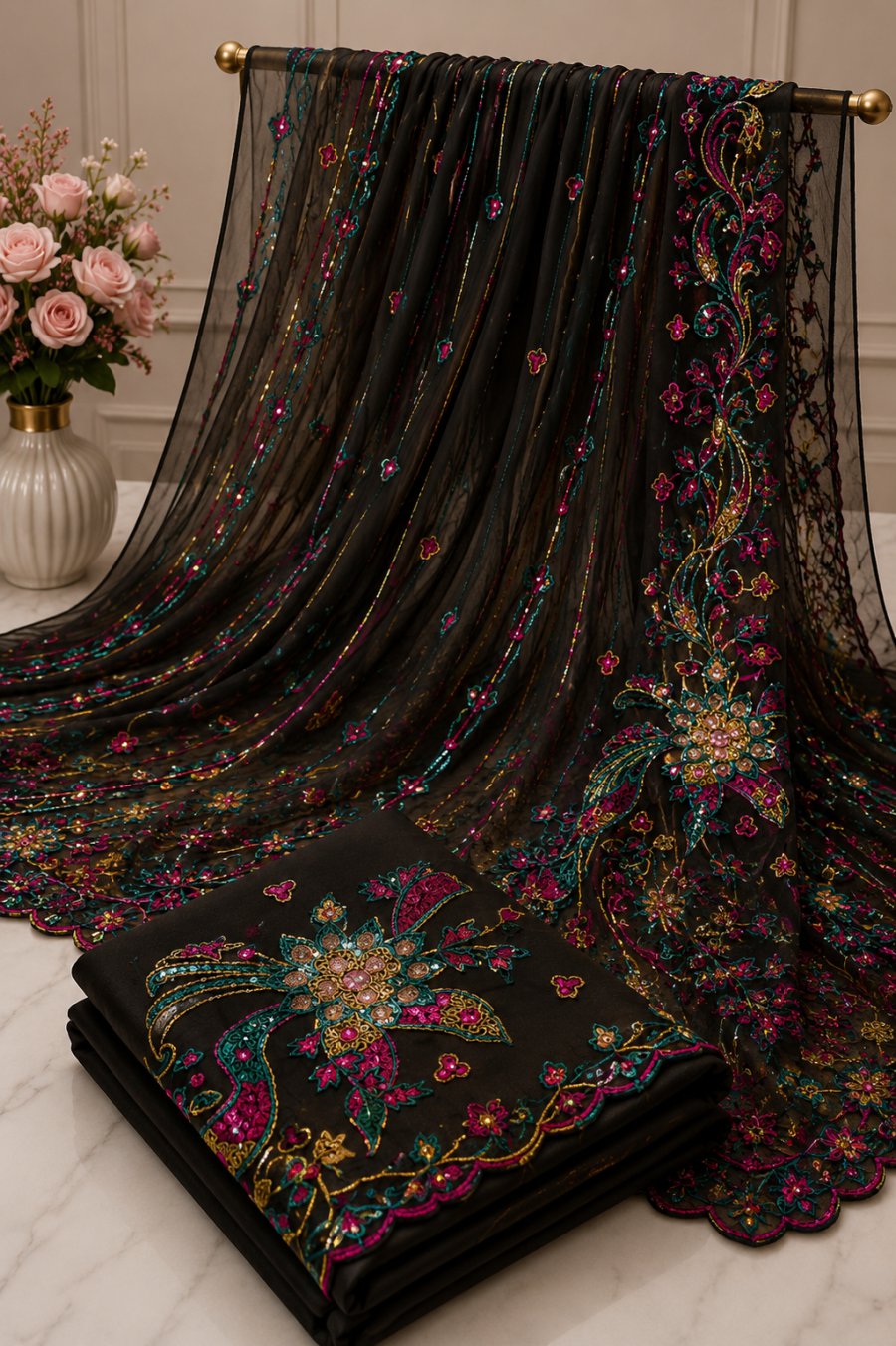 Black Net Multicolour Floral Sequin Embroidered Saree - image 1
