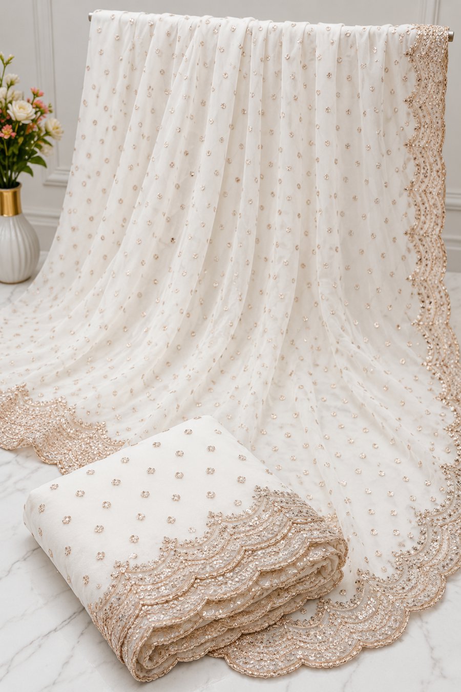 Cream Georgette Saree with Gold Sequin Scalloped Hem - image 1