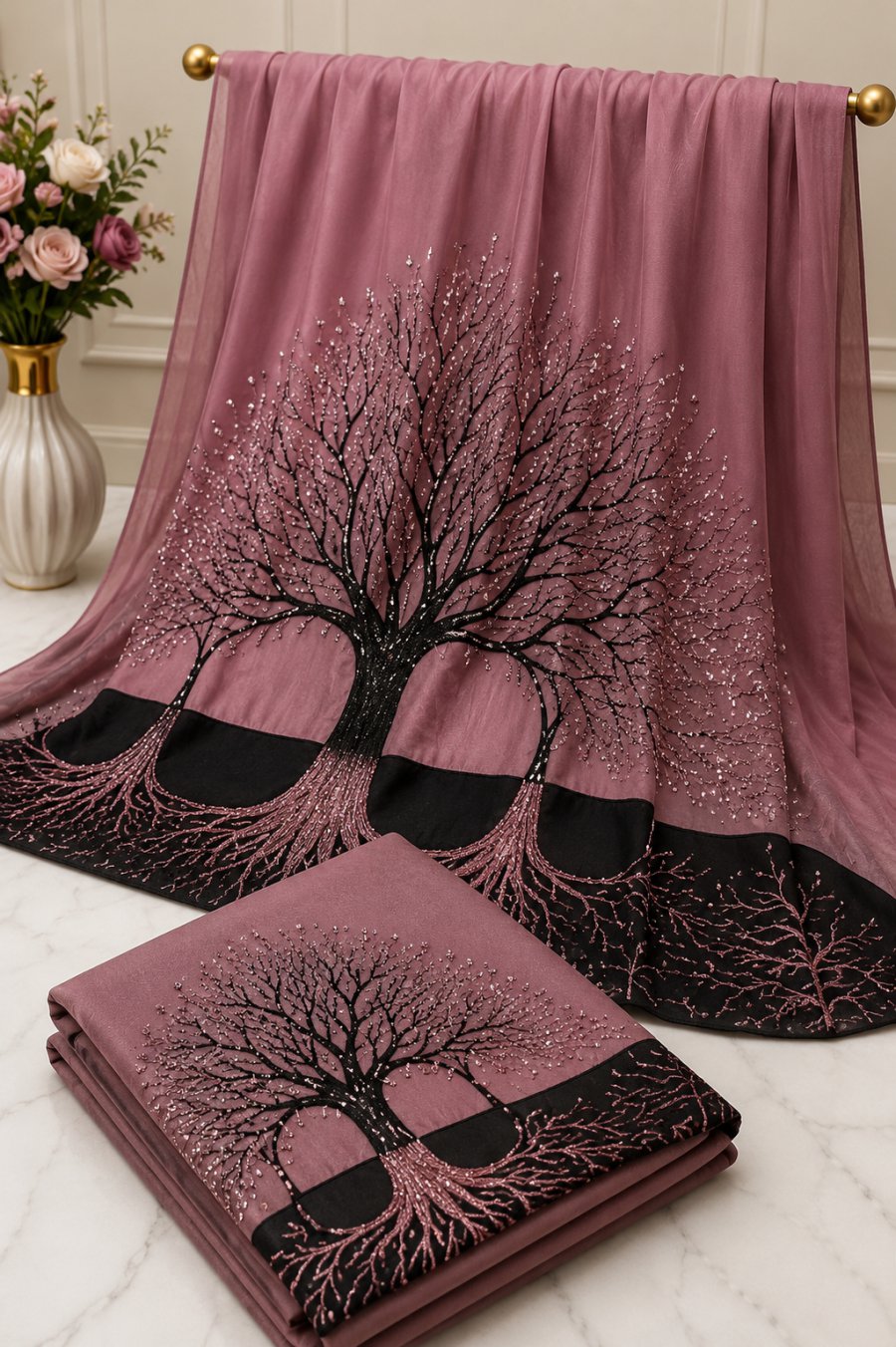 Mauve Chiffon Saree with Glittering Tree of Life Design & Black Border