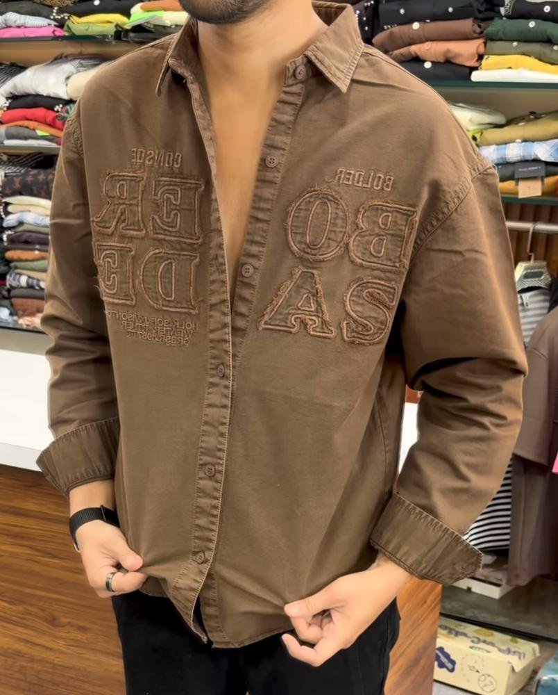 Men's Brown Oversized Applique Overshirt - Washed Cotton Full Sleeve Drop Shoulder Shirt - image 1