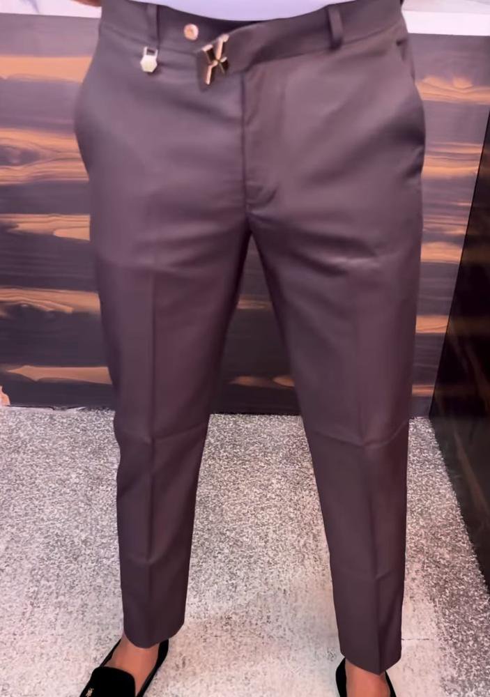Men's Wine Slim Fit Ankle Length Formal Trousers with Side Buckle Detail