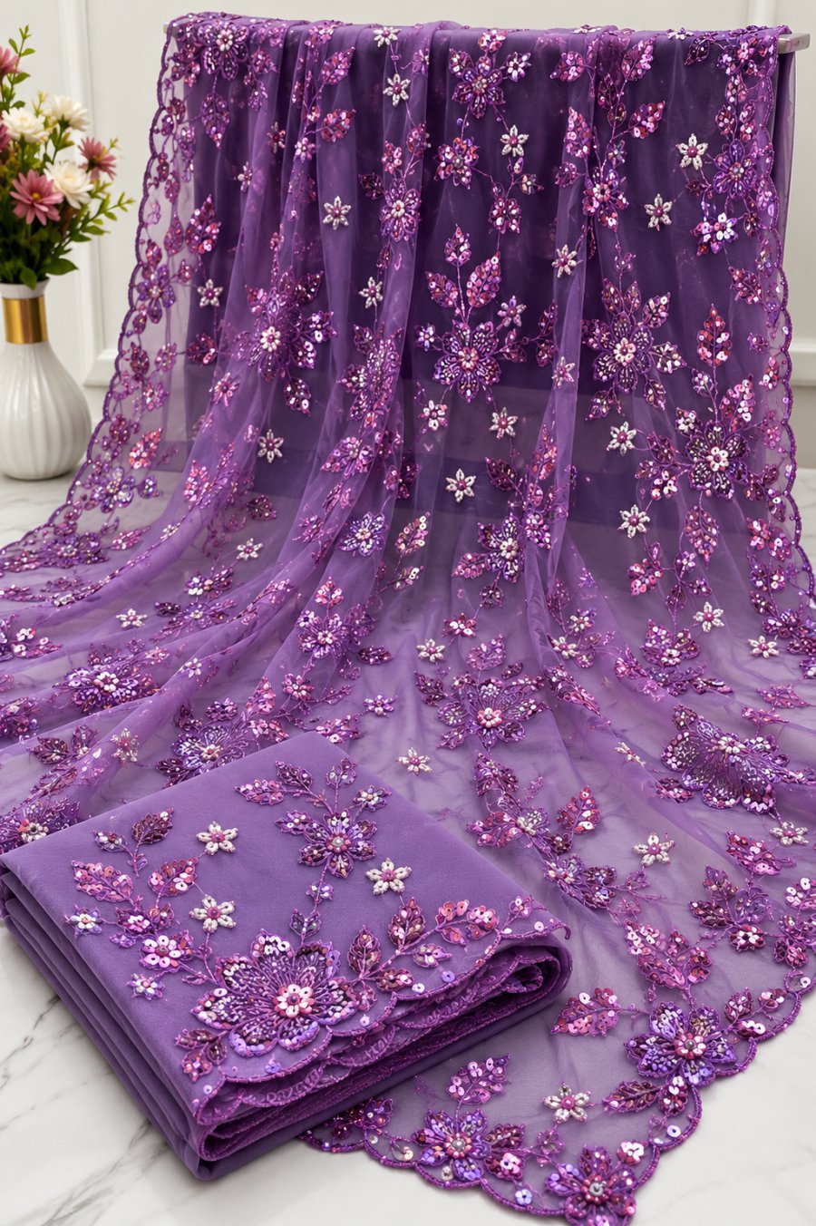 Violet Net Saree featuring Intricate Floral Sequin Embellishments