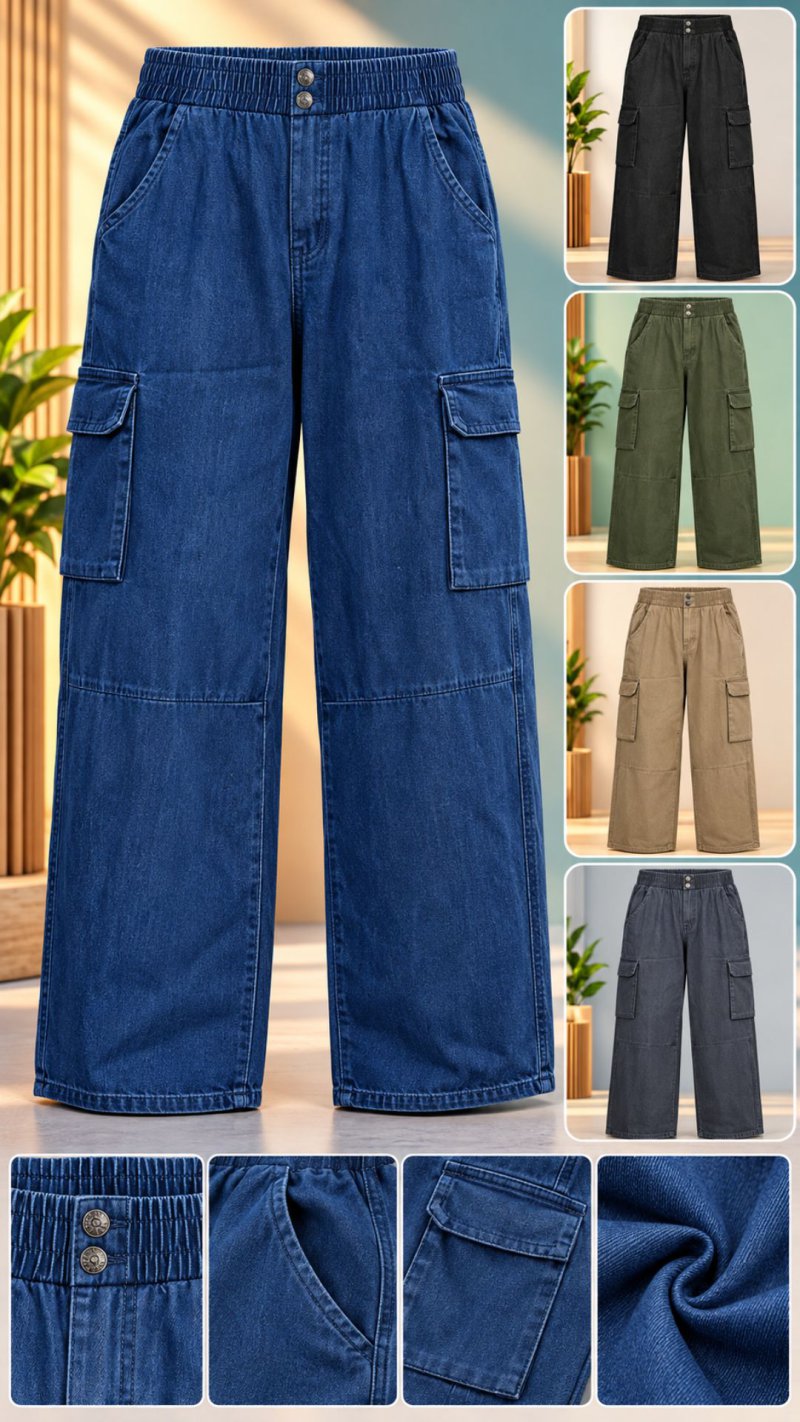 Men's Blue Denim Wide-Leg Cargo Pants