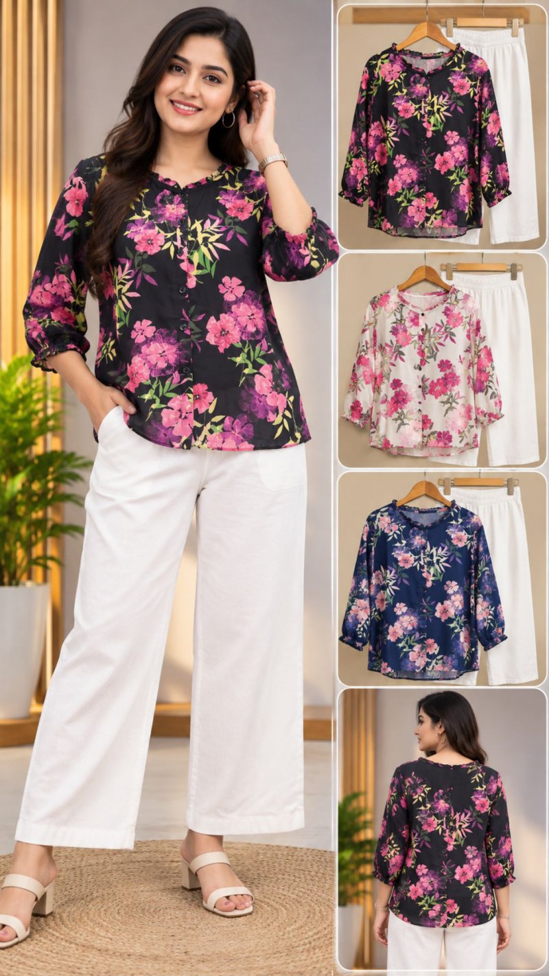 Ladies Black Floral Print Top with White Pants Co-ord Set