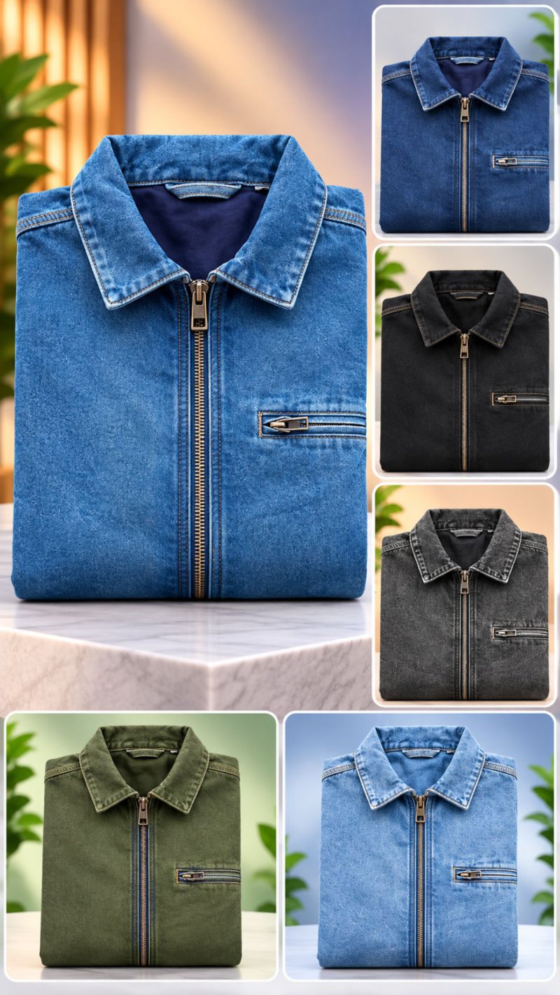 Men's Blue Denim Zip-Up Overshirt Jacket