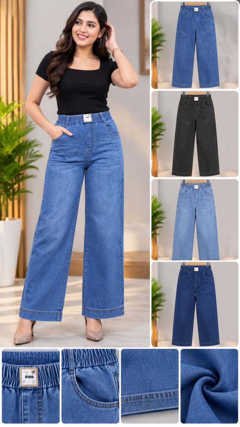 Ladies Blue Denim Wide-Leg Jeans