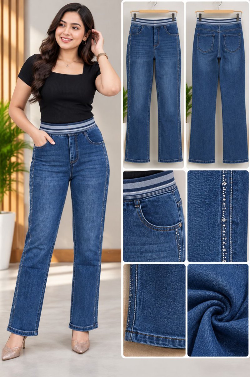 Ladies Blue Straight-Fit Denim Jeans with Embellishment
