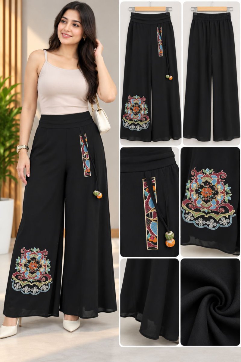 Ladies Black Embroidered Wide-Leg Palazzo Pants