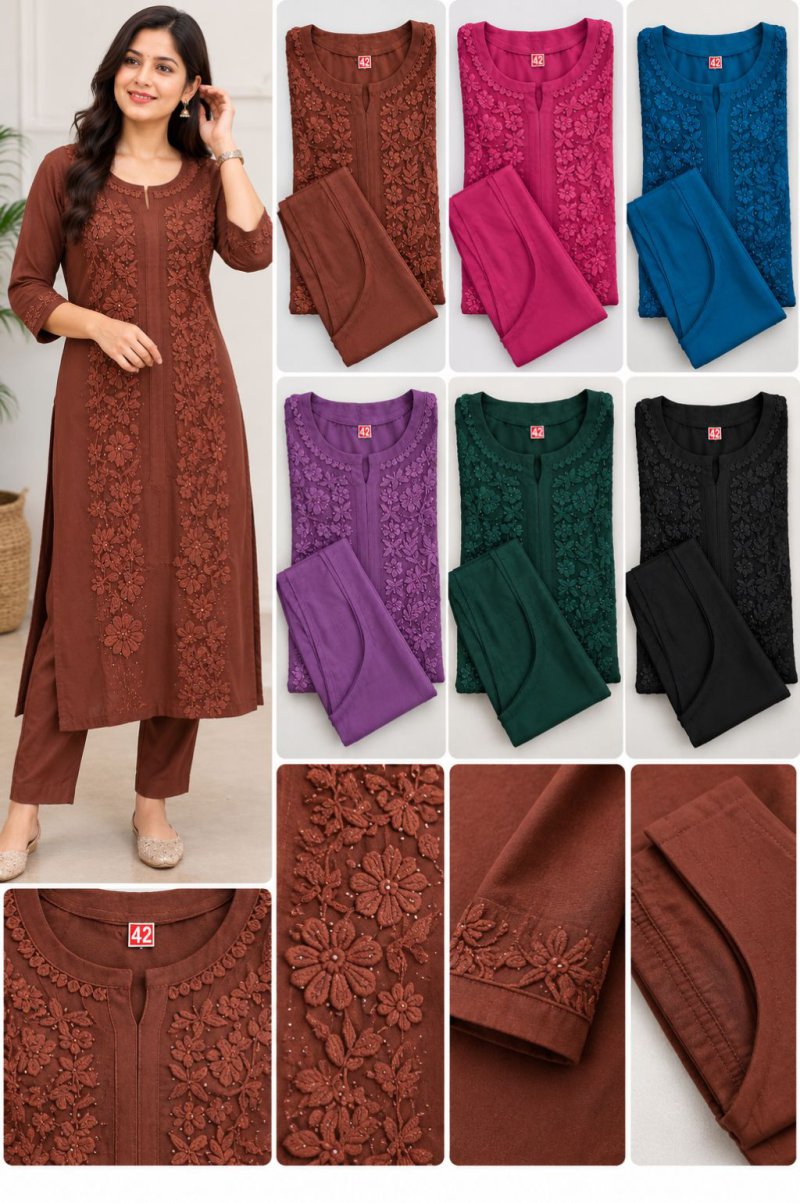 Ladies Rust Brown Embroidered Kurti with Pants Set - image 1
