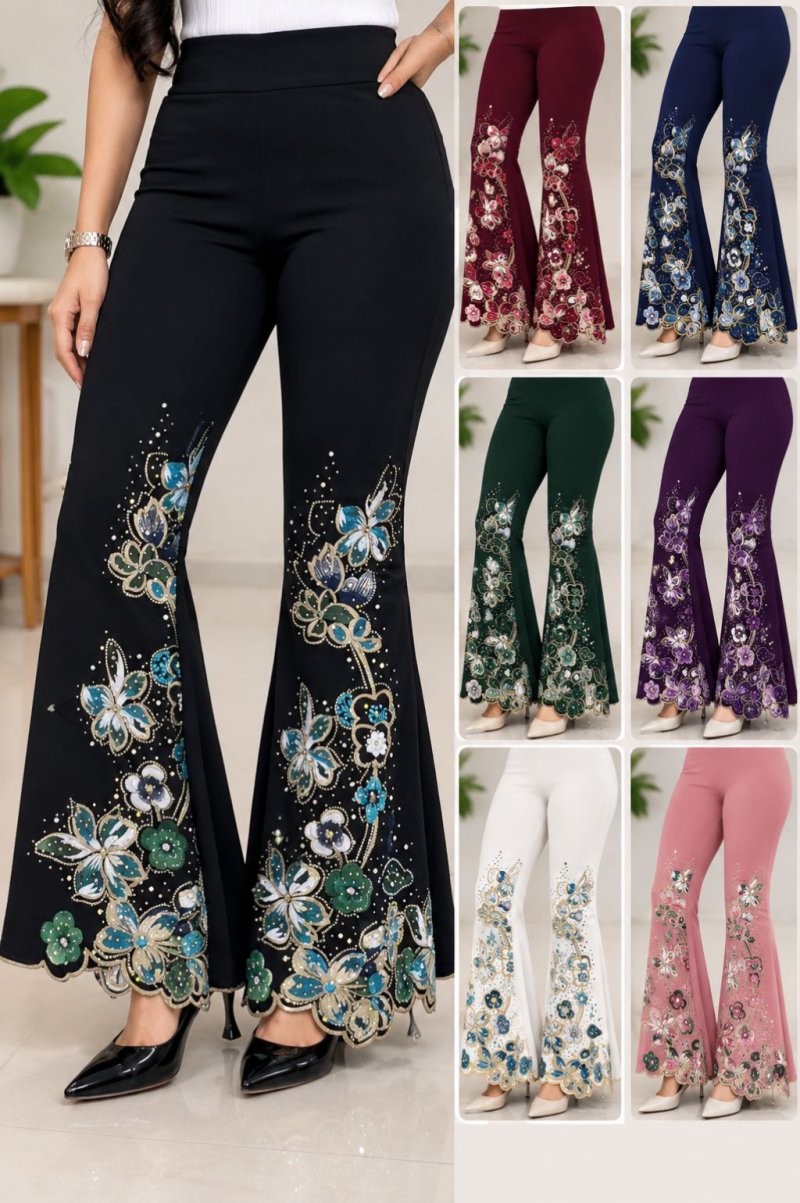Ladies Black Floral Embroidered Flared Pants
