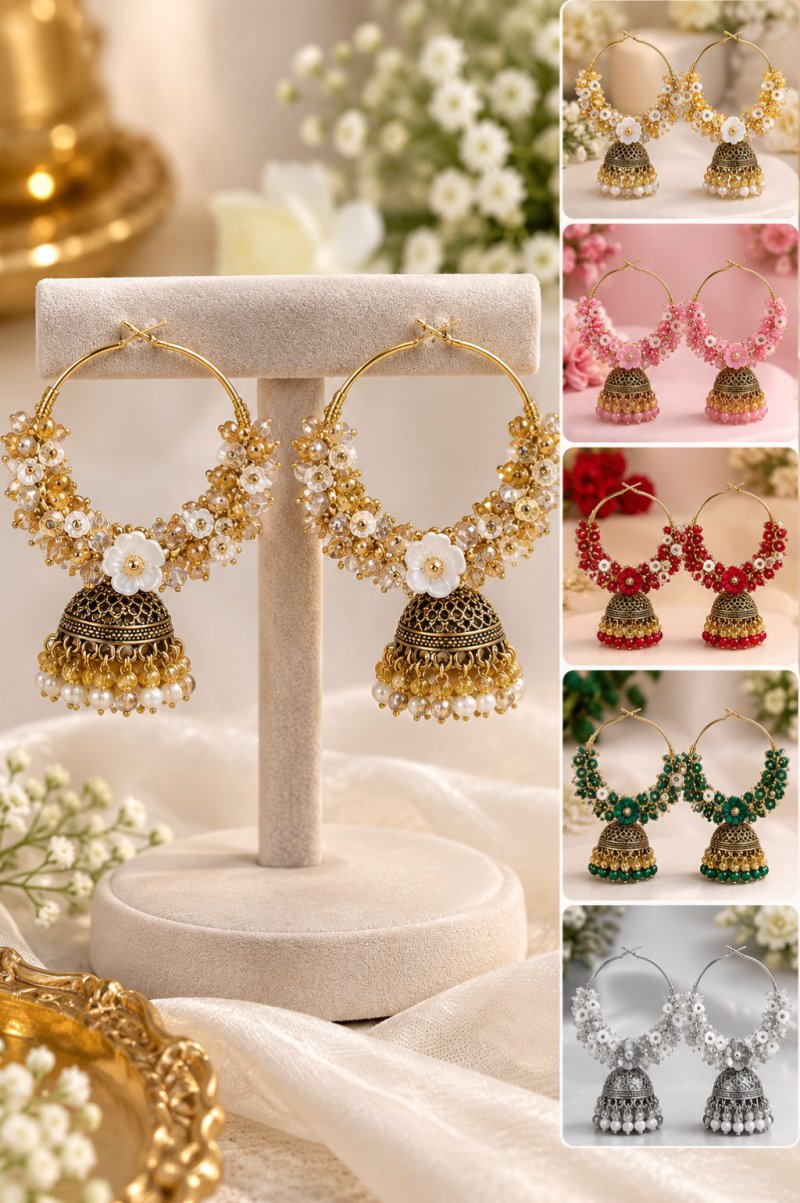 Golden Pearl Jhumka Hoop Earrings