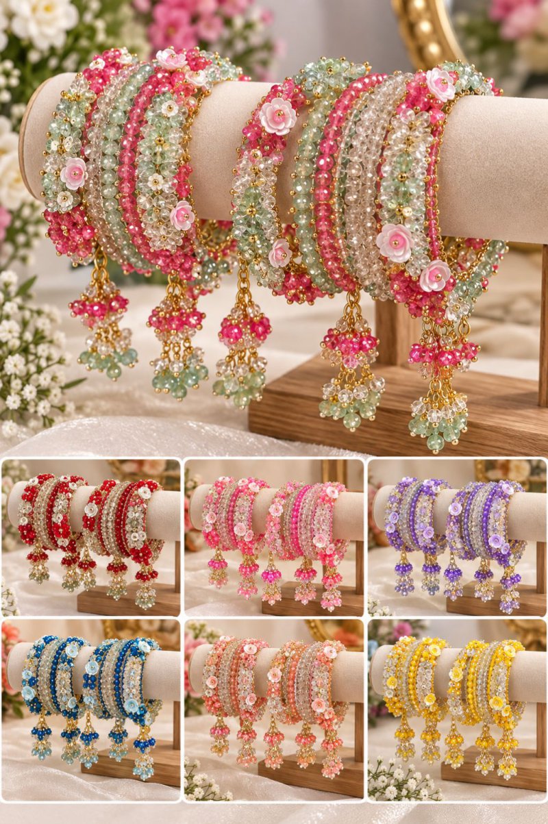 Pink & Green Beaded Jhumki Bangles Set