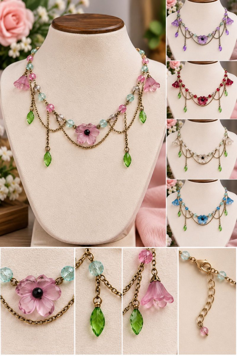 Pink Floral Beaded Statement Necklace