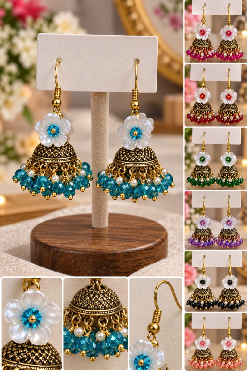 White Flower Crystal Jhumka Earrings - image 1